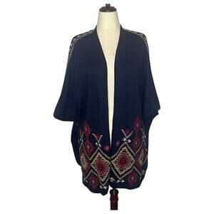 Johnny Was Women's Poncho L Tina Navy Blue Embroidered Aztec Cotton Cardigan